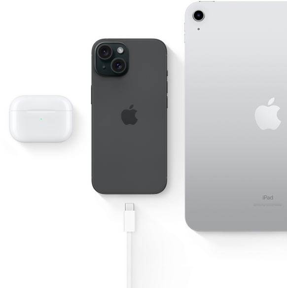 iPhone 15 mit USB-C Anschluss, derselbe Anschluss, den auch die AirPods Pro und das iPad nutzen knnen